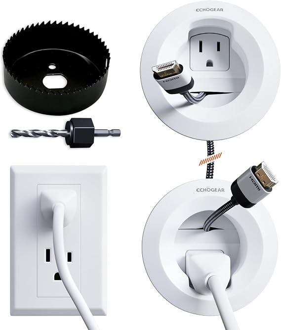 ECHOGEAR in-Wall Cable Management Kit for Power & Low Voltage Cords Hide TV Wires Behind the Wall Includes 3.75 Diameter x 3.25 Depth Modules, 6ft Extension Cord, Drywall Hole Saw Attachment