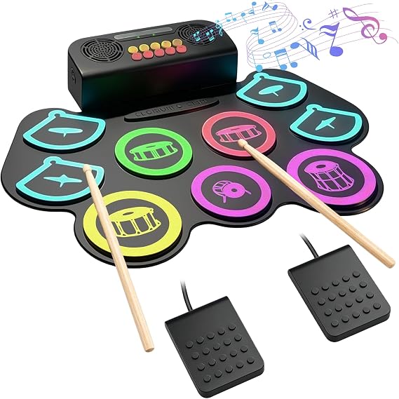 Electronic Drum Kit 9-Pad Electronic Drum Kit with Two Pedals and Drumsticks Portable Roll-up Silicone Electric Drum Kit Suitable for Kids and Beginners