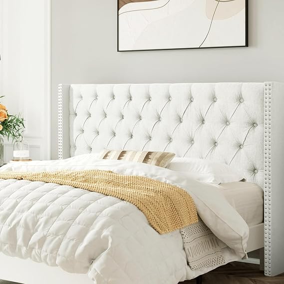 Lucky Monet Linen Upholstered Headboard Queen Size (Headboard Only), Nail Head Trim Wingback Tufted Button Headboard Luxury Soft Padded Head Board with Durable Metal Legs, Adjustable Height, Beige