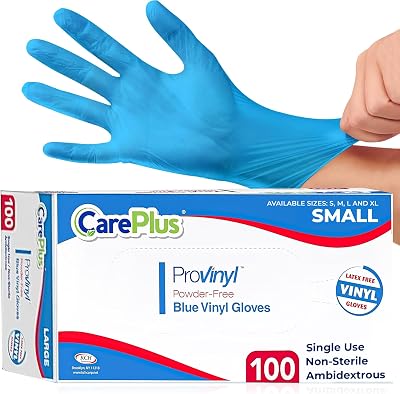 CARE PLUS Vinyl Gloves Blue, Powder-Free, Non Latex, Cleaning Gloves, Ambidextrous, All Purpose| 100 Count Size S, M, L, XL