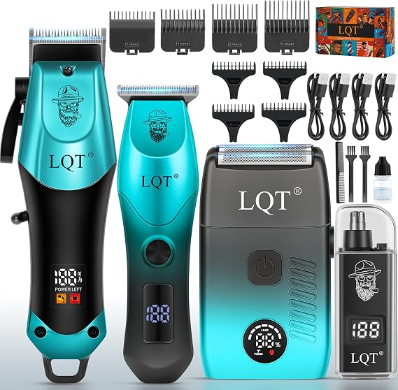 4-in-1 Men's Hair Clippers Kit, Includes Nose Hair Trimmer, Electric Shaver, and Engraving Trimmer, Wireless USB Rechargeable Grooming Set, Blue Ombre Design, Ideal Gift for Men (Blue)