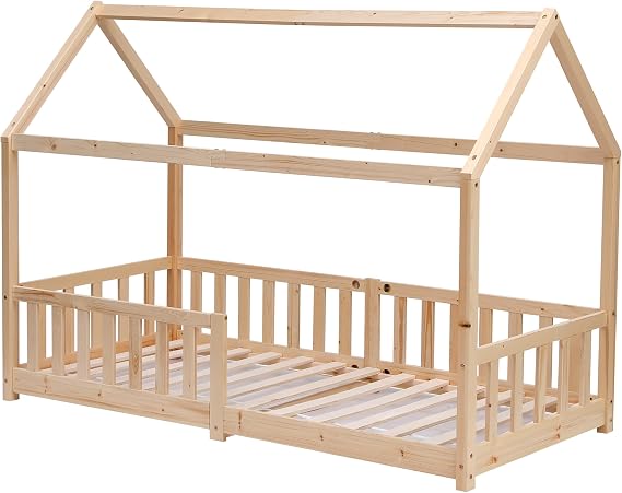 Solid Pine House-Shaped Bed 90×190cm,Safe Toddler Bed with Railings,Modern Children’s Bedroom Furniture,Durable Wooden Playhouse Bed, Floor Bed for Boys and Girls (natural)