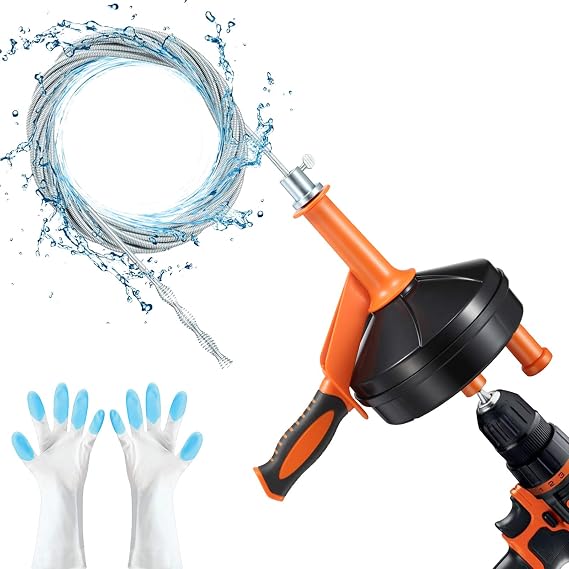 Drain Auger Clog Remover with Drill Adapter 25 Feet Flexible Plumbing Snake Manual or Powered for Kitchen, Bathroom, Shower Sink with Gloves Orange