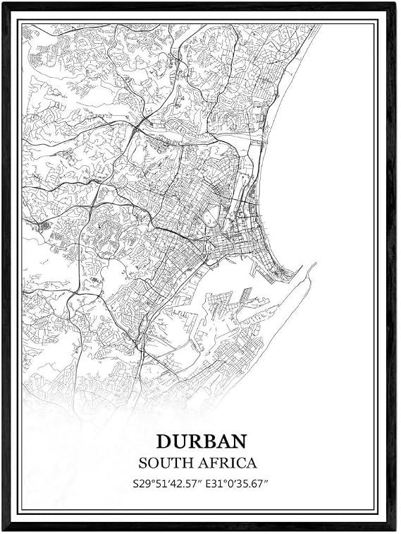 TANOKCRS Durban South Africa Map Wall Art Canvas Print Poster Artwork Unframed Modern Black and White Map Souvenir Gift Home Decor 9x11 Inches