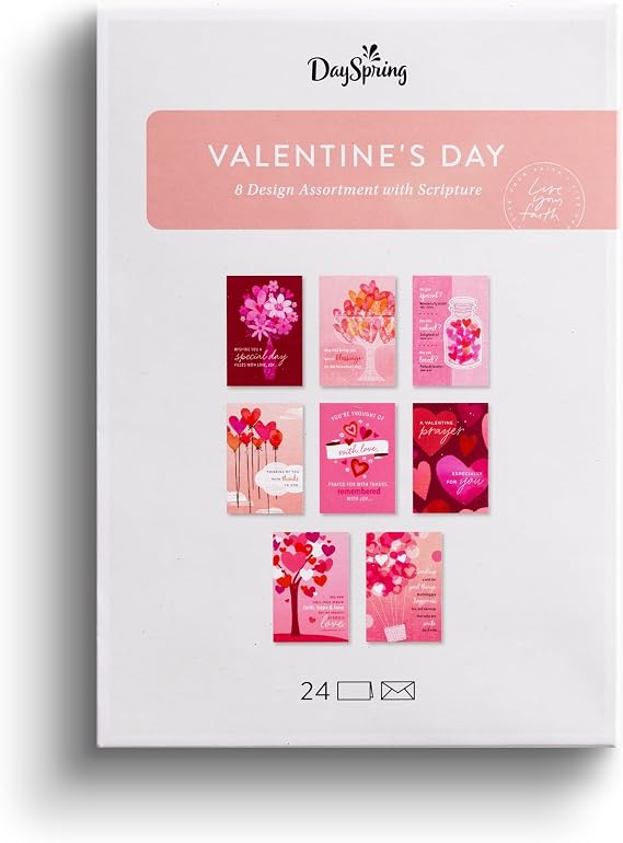 DaySpring - Valentine's Day Assortment - Hearts with Love - 8 Design Assortment with Scripture - 24 Boxed Valentine Cards & Envelopes (J7583)