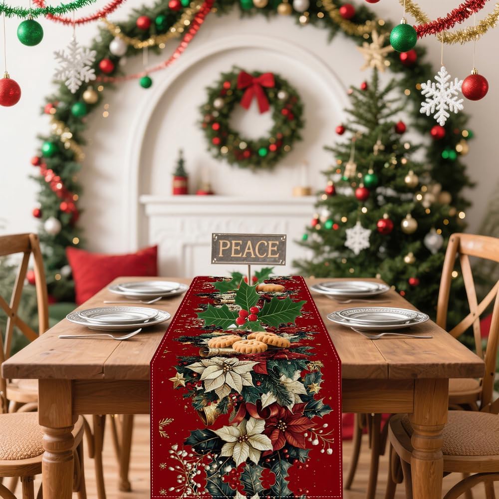Winter Table Runner, Seasonal Christmas Kitchen Table Decoration, Suitable for Winter Christmas Family Gathering Indoor 13x72 inches 13x72 inches, Flowers and Bells