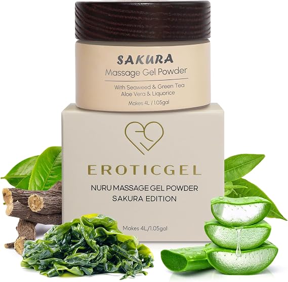 Sakura Edition Japanese Nuru Massage Gel Powder 40g | Aloe Vera, Seaweed, Licorice & Green Tea | Gift Ready Glass Jar | Made in Japan | Vegan | Fragrance Free | Makes 1.05 Gallons