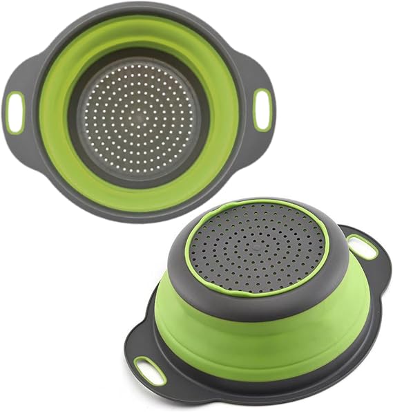 Green Round Silicone Collapsible Colander Silicone Round Small Kitchen Strainers with Plastic Handles Foldable Kitchen Strainer Perfect for Draining Pasta Vegetable and Fruit