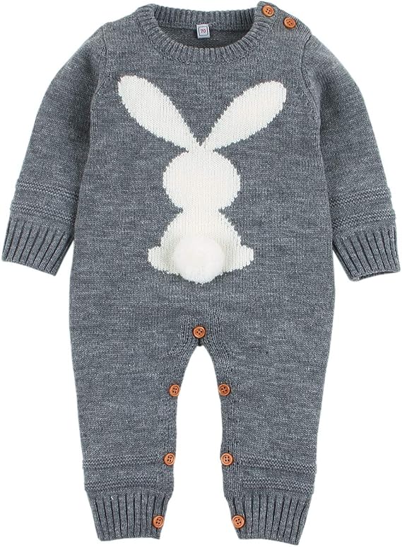 Baby Romper Knit Long Sleeve Jumpsuit for Boys Girls One Piece Overall Infant Baby Clothes (12-18M, Grey)
