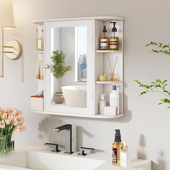 Casart Wall Mounted Bathroom Cabinet with Mirror, Single Door Medicine Cabinet with 4-Tier Inner Shelf