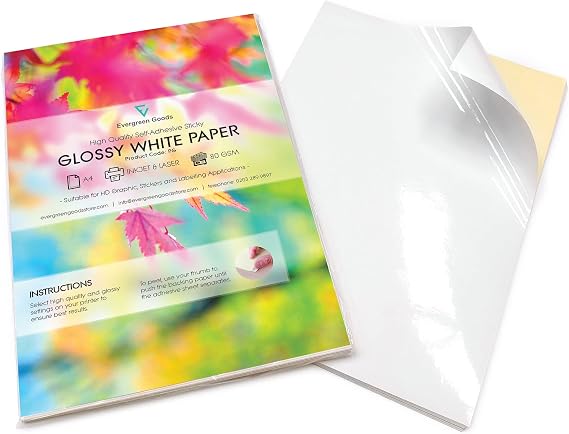 Evergreen Goods 30-Sheet A4 Glossy White Self-Adhesive Sticker Paper