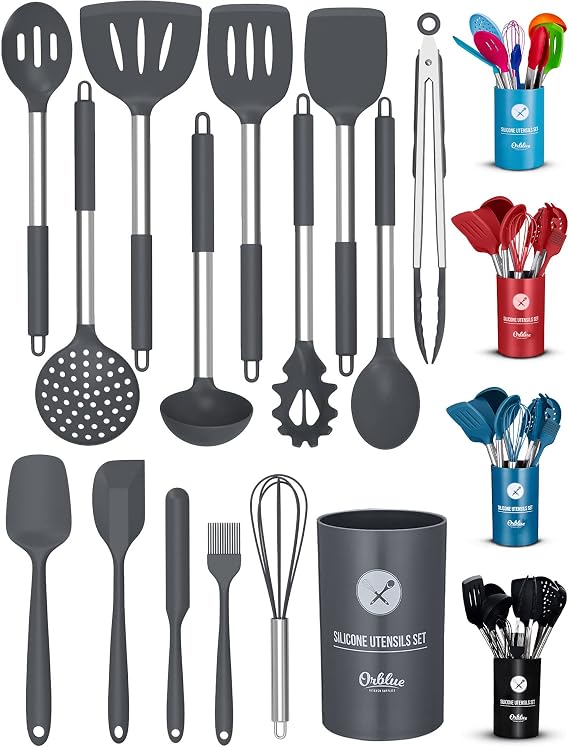ORBLUE Silicone Cooking Utensil Set, 14-Piece Kitchen Utensils with Holder, Safe Food-Grade Silicone Heads and Stainless Steel Handles with Heat-Proof Silicone Handle Covers, Gray
