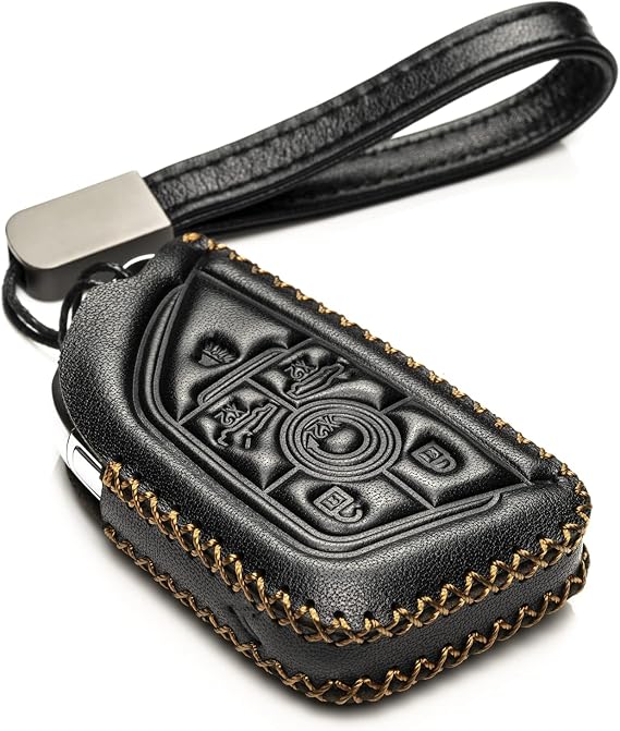 Vitodeco Genuine Leather Smart Key Fob Case with Leather Key Strap Compatible for Chevrolet Corvette (2020 - 2026 Models) - 6-Button, Black