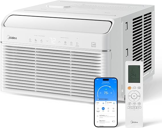 Midea 12,000 BTU Smart Inverter Air Conditioner Window Unit with Heat and Dehumidifier Cools up to 550 Sq. Ft., Energy Star Rated, Quiet Operation, Electronic Controls, Remote Control, White