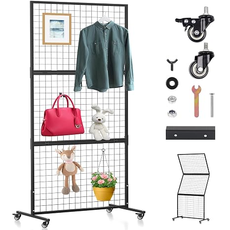 1-Pack 3x6 Gridwall Panels Wire Grid Standing Rack with T-Base Wheels