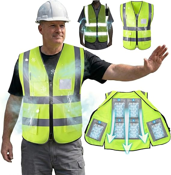 Cooling Safety Vest with 24pcs Gel Ice Packs - Cooling Vest for Men Women Ice Reflective Cool Vest for Hot Weather