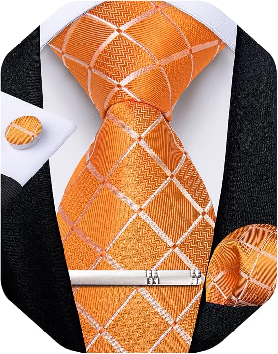 DiBanGu Mens Silk Plaid Tie and Pocket Square Set