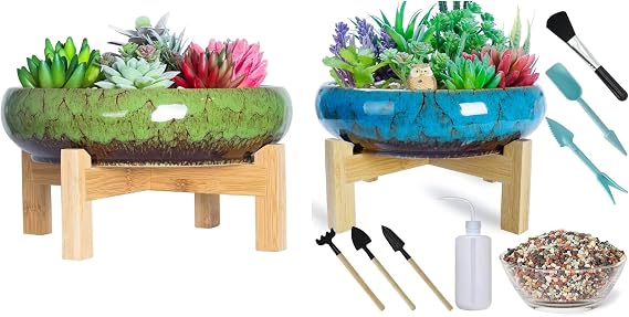 ARTKETTY Succulent Pots, 10 Inch Large Plant Pots, Ceramic Bonsai Pots with Planting Tools Set & 2.2lb Mix Pebbles Shallow Planters for Indoor Plants