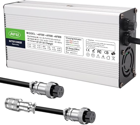 AFU 67.2V 5A Charger 60V Li-ion Battery Smart Charger with Cooling Fan Used for 16S 60V Li-ion Battery with GX16 1+3- Plug/GX16 1+2- Plug