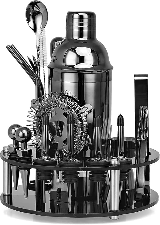 BUTKUS Bartender Kit With Stand - 20 Piece Bar Tools Cocktail Kit Premium Bartender Kit With Fun Bar Set - Stainless Steel + Shakers (Color : Black)