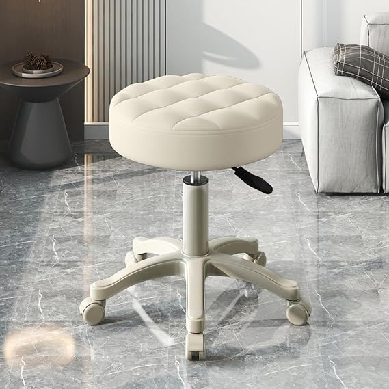 Round Rolling Stool Chair PU Leather Height Adjustable Shop Stool Swivel Drafting Work SPA Medical Salon Stools with Wheels Office Chair, Beige White