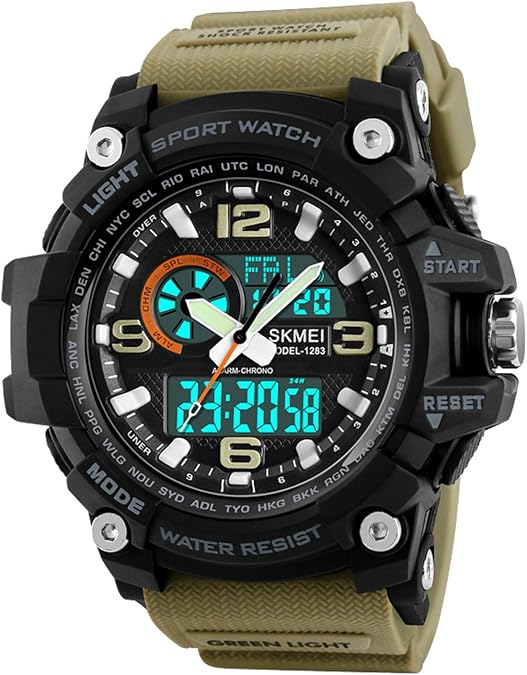 Men's Military Watch Sports Outdoor Waterproof Digital Watches with Date Multi Function Tactics LED Alarm Stopwatch Analog Watches 1283 Khaki