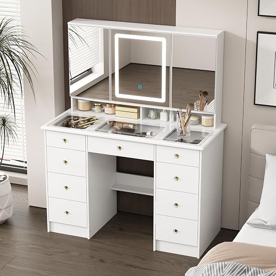 Large Vanity Desk with Open Mirror and Glass Tabletop, Vanity Desk with Mirror and Lights, Drawers and Shelves, Crystal Handles, Cushion Stool not Included, White (110cm W x 50cm D x 136cm H)