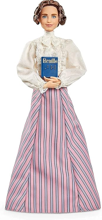 Barbie Inspiring Women Helen Keller Doll (12-inch) Wearing Blouse and Skirt, with Doll Stand & Certificate of Authenticity, Gift for Kids & Collectors, Pink