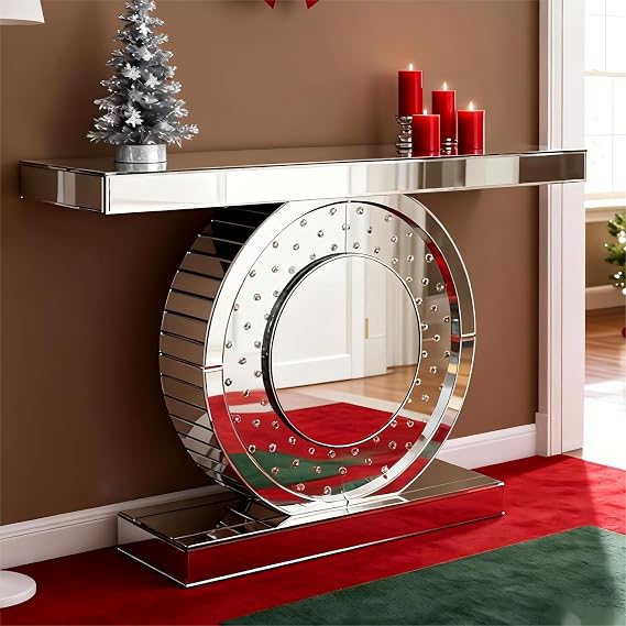 Modern Console Table, 47" Silver Mirrored Glass Sofa Table