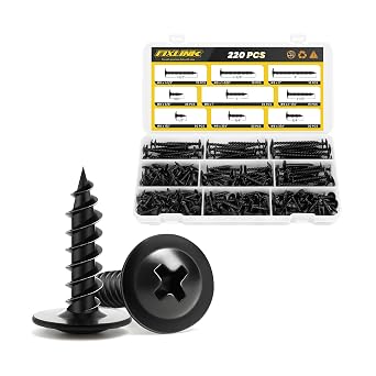 Wood Screws 3/4, 125 PCS and Assortment Kit 220PC FIXLINK Premium Phillips High Hardness Truss Head Black Wood Screws, Self Tapping Electrophoresis Modified Fast Truss Head Wood Screw, Black