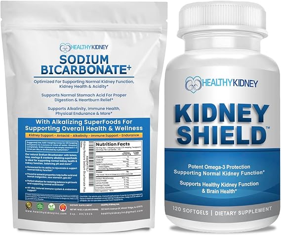 Organic Sodium Bicarbonate Alkaline Supplement Bundle: 2LB Powder for Alkalinity, Acid Neutralizer & Kidney Support + 120 Caps Kidney Shield for Kidney Health, Cleanse & Omega 3 Support