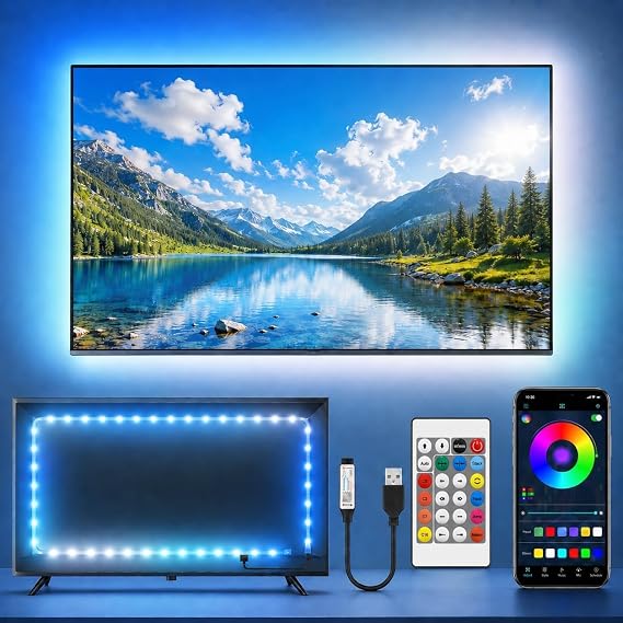 3M TV LED Strip Lights for 30-55 Inch TVs, RGB Colour Changing USB Bias Lighting with Bluetooth App & Music Sync, Remote Control LED Backlight for Home Cinema, Bedroom & Gaming Monitor [Energy Class A]