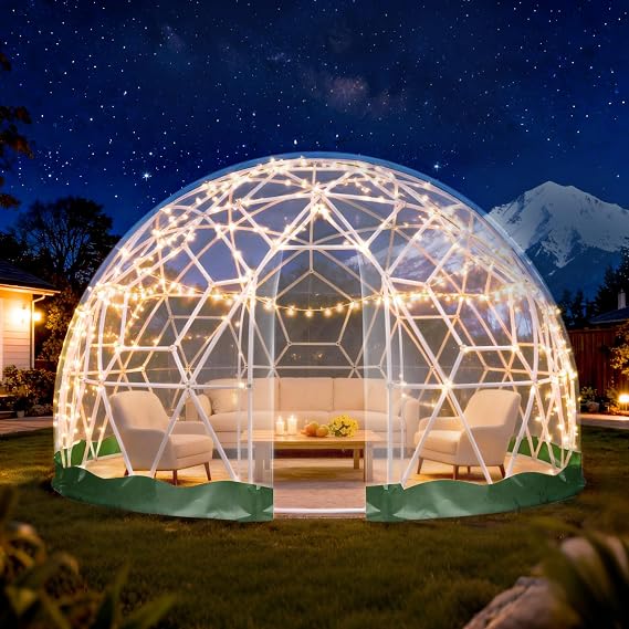 Garden Dome Tent with Clear Cover, Waterproof, Lights, Window for Outdoor | Weatherproof Geodesic Outdoor Shelter, for Backyard Parties, Camping, Gardening, 360 Degree View, Cover