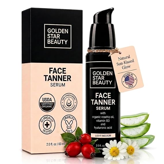 Face Tanner Self Tan Serum w/Hyaluronic Acid and Organic Oils, Self Tanners Best Sellers, Facial Sunless Tanner for Natural Sunkissed Glow, Fake Tan Moisturizer, 2.0 fl