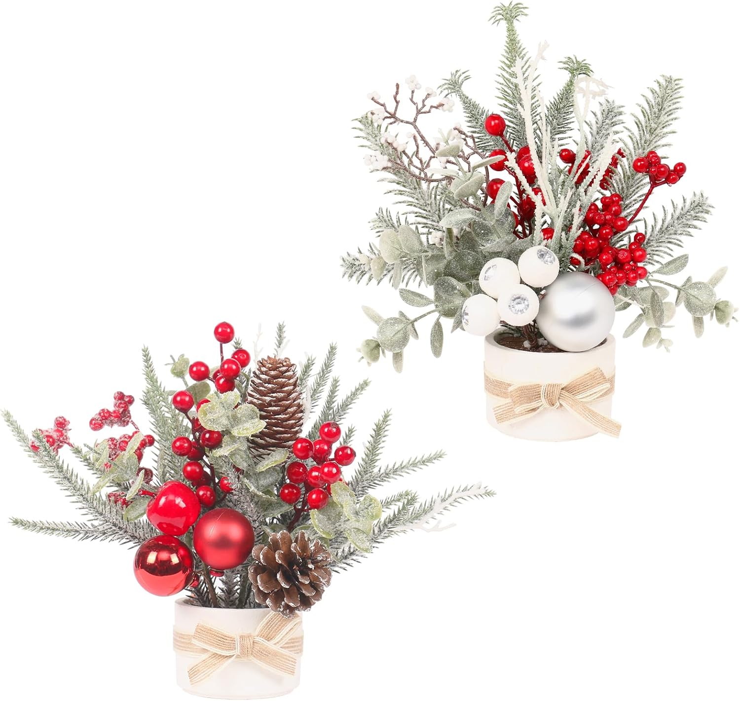JIALEIXI 2PCS Small Christmas Tree,11" Artificial Little Potted Mini Tabletop Tree Christmas Decorations, for Wedding Holiday Indoor Xmas Party Decor (Red/Green/White).