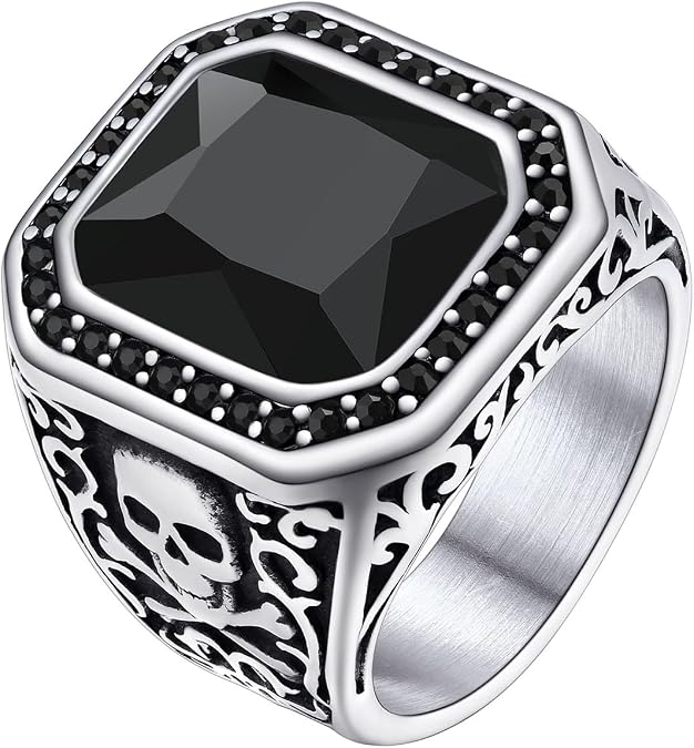 Richsteel Skull Black Onyx Ring for Men Retro X Bone Thumb Band Ring