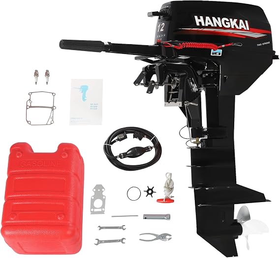 HANGKAI 12 HP Outboard Motor, 169CC 2 Stroke Heavy Duty Fishing Boat Engine Marine Engine, 360Steering, W/6.34Gal Large Fuel Tank, CDI Ignition System, Long Shaft 4500-5500RPM(Load 2204 pound)