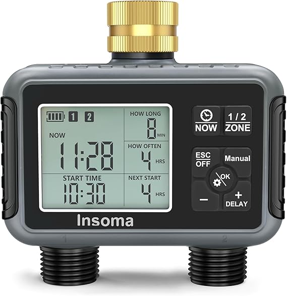 Insoma Water Timer with Brass Inlet, 2 Independent Zones Outdoor Hose Timer for Garden Faucet with Auto/Manual/Rain Delay Mode, Sprinkler Irrigation Timers for Yard Lawn