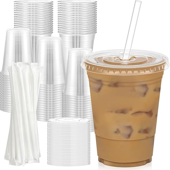 Dealusy 100 Pack - 16 oz Clear Plastic Cups with Lids and Straws | Sturdy & Food Safe Iced Coffee Cups with lids, Disposable Plastic Smoothie Cups for Cold Drinks
