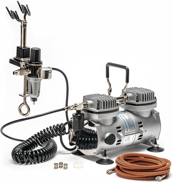 Sparmax Stormforce TC2000 Twin Cylinder Air Compressor Quiet, Oil-Free with Auto On/Off, Moisture Trap & Spray Gun Holder High-Performance Airflow for model spraying, textiles, spray art and more.