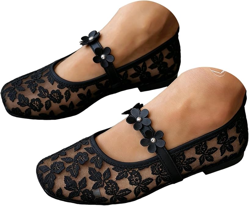Women's Lace Mesh Ballet Flats Shoes Square Closed Toe Breathable Summer Ballerina Flats Floral Embroidery Comfortable Casual Work Elegant Bow Dress Mary Jane Shoes for Women Footwear