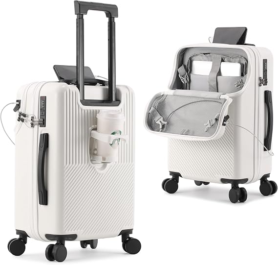 20 inch suitcase with usb charger and cup holder small suitcase on wheels world's lightest luggage travel suitcase cabin size,White,20in [Energy Class A]