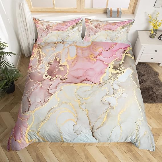 Marble Duvet Cover Set Double Size, Lilac Gold Grey Marbling Bedding Set 3pcs for Kids Boys Girls Bedroom Decor, Abstract Stone Texture Comforter Cover Polyester Quilt Cover with 2 Pillowcases