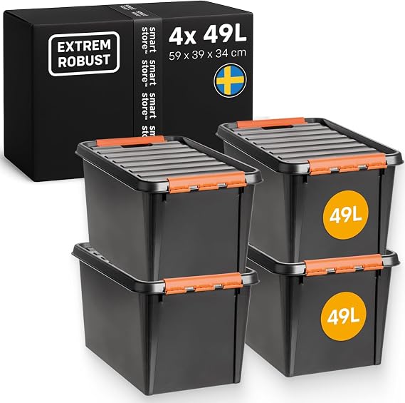 SmartStore Extremely Robust Plastic Storage Box with Lid 49 Litres for Garage Shelves Moving I Set of 4 Stacking Boxes with Clip Closure Tool Storage BPA-Free 59 x 39 x 34 cm