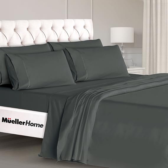 Mueller UltraTemp 6 PC Queen Sheet Set - Ultra-Soft Luxury Series, Cooling & Breathable Hotel Luxury Bed Sheets, Deep Pocket Wrinkle-Free Oeko-TEX, Dark Gray
