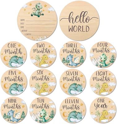 Huray Rayho Little Dragon Baby Monthly Milestone Cards Neutral Wooden Tags Newborn Photography Props Set of 13 Wood Discs from One Month to One Year Baby Growth Record