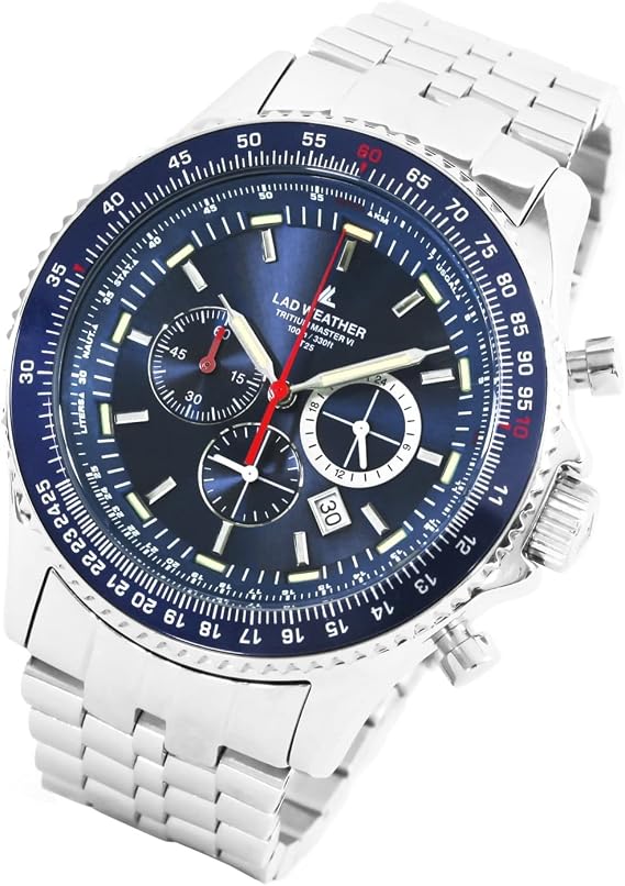 LAD WEATHER Men's Watch Swiss Tritium Chronograph 100m Waterproof Pilot Watch, deep blue, Bracelet Type