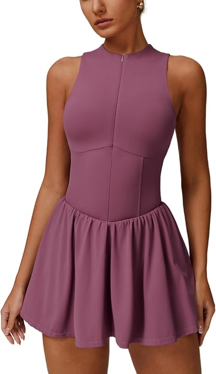 AGYMNX Tennis Dress for Women High Neck Sleeveless Ruffle A-line Dress with Shorts Yoga Fitness Active Dresses