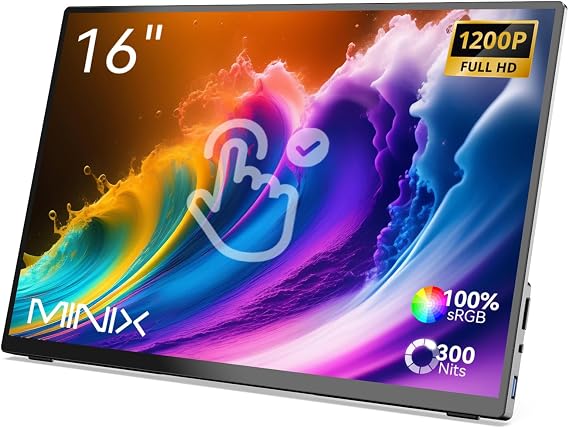 MINIX Portable Monitor 16" FHD 1200P,IPS,Touch Screen,USB-C, HDMI,Stereo,Eye Care, Flicker Free, Blue Light Filter