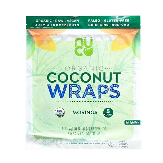 NUCO Organic Coconut Wraps, Moringa - Gluten Free, Low Carb, Vegan, 5 Ct